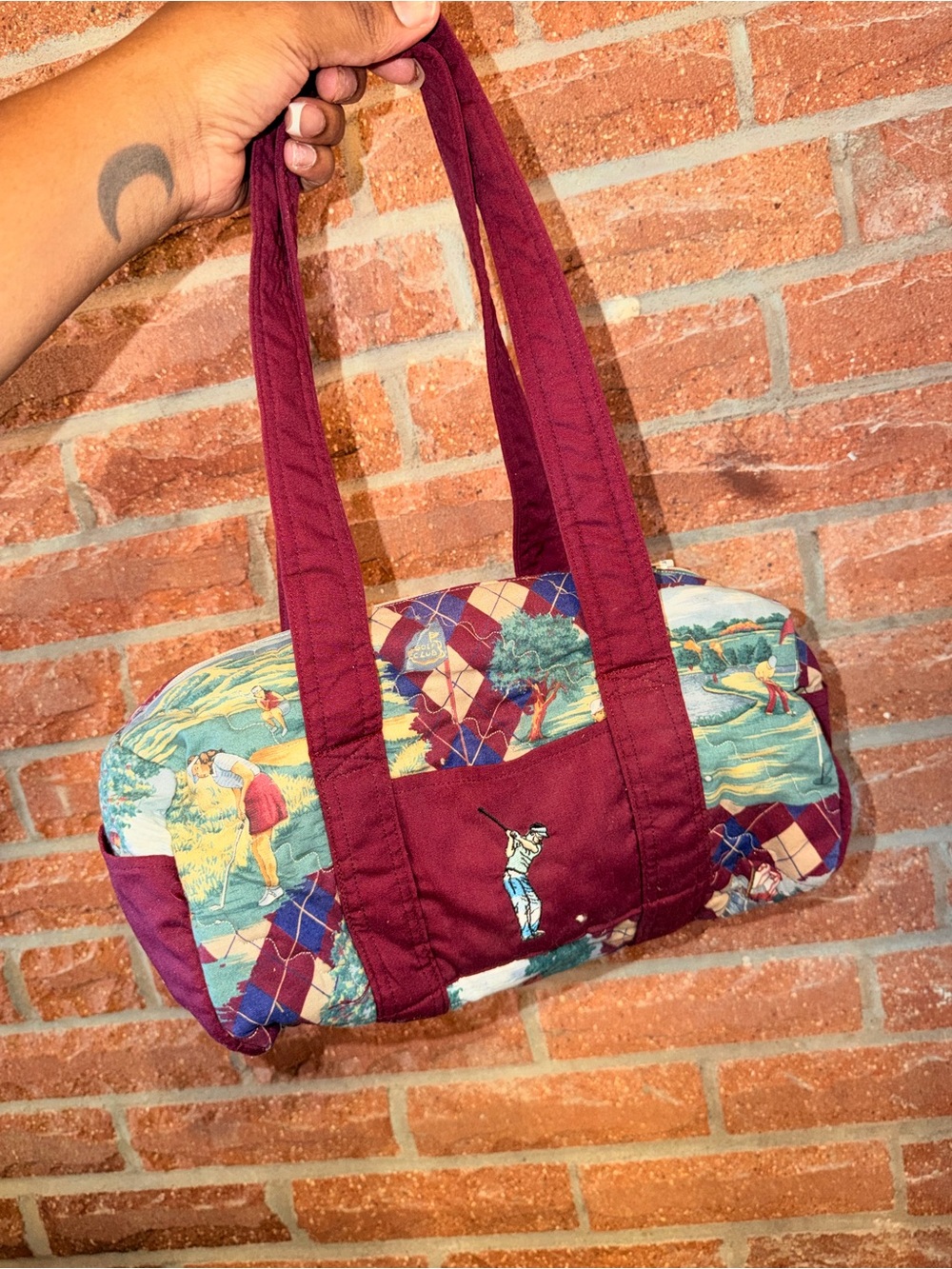 Maroon Quilted Golf Print Shoulder Bag